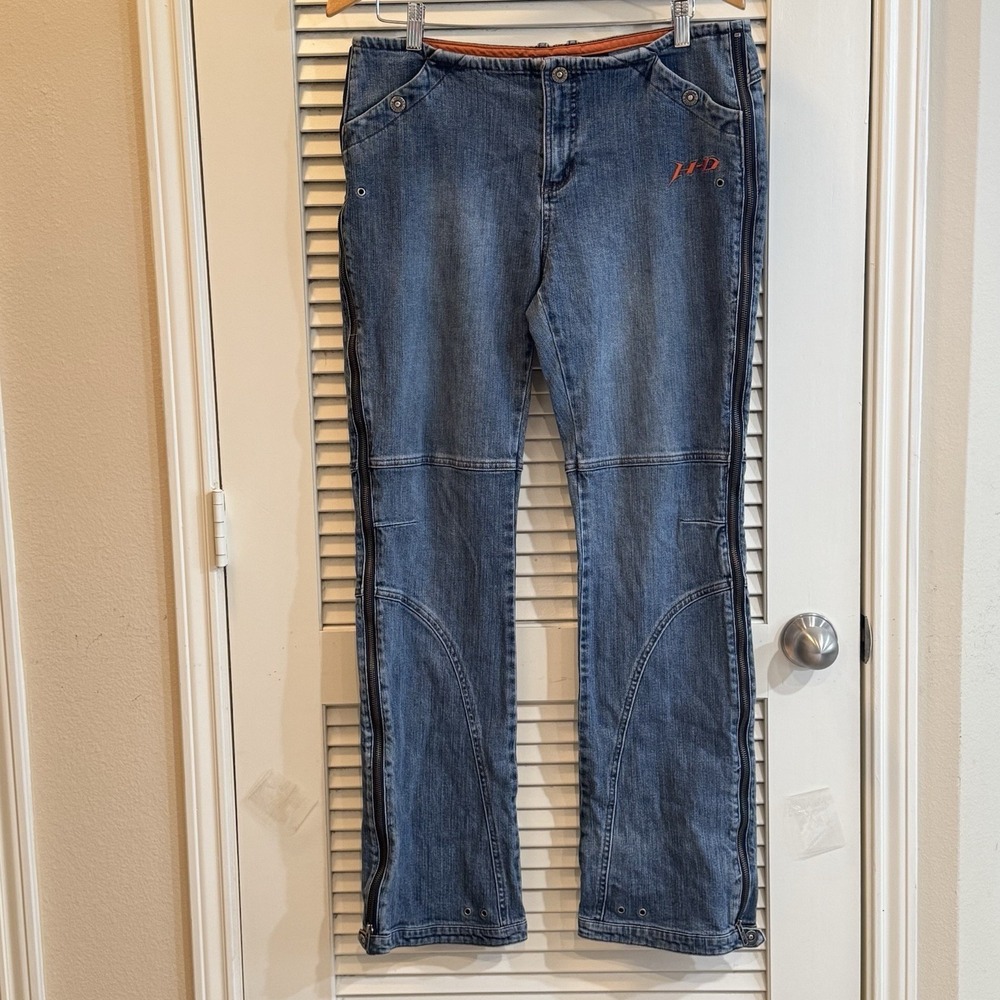 Harley Davidson Riding Jeans Womens 12 Long VTG 2005 Full Side‎ Zip Moto Biker